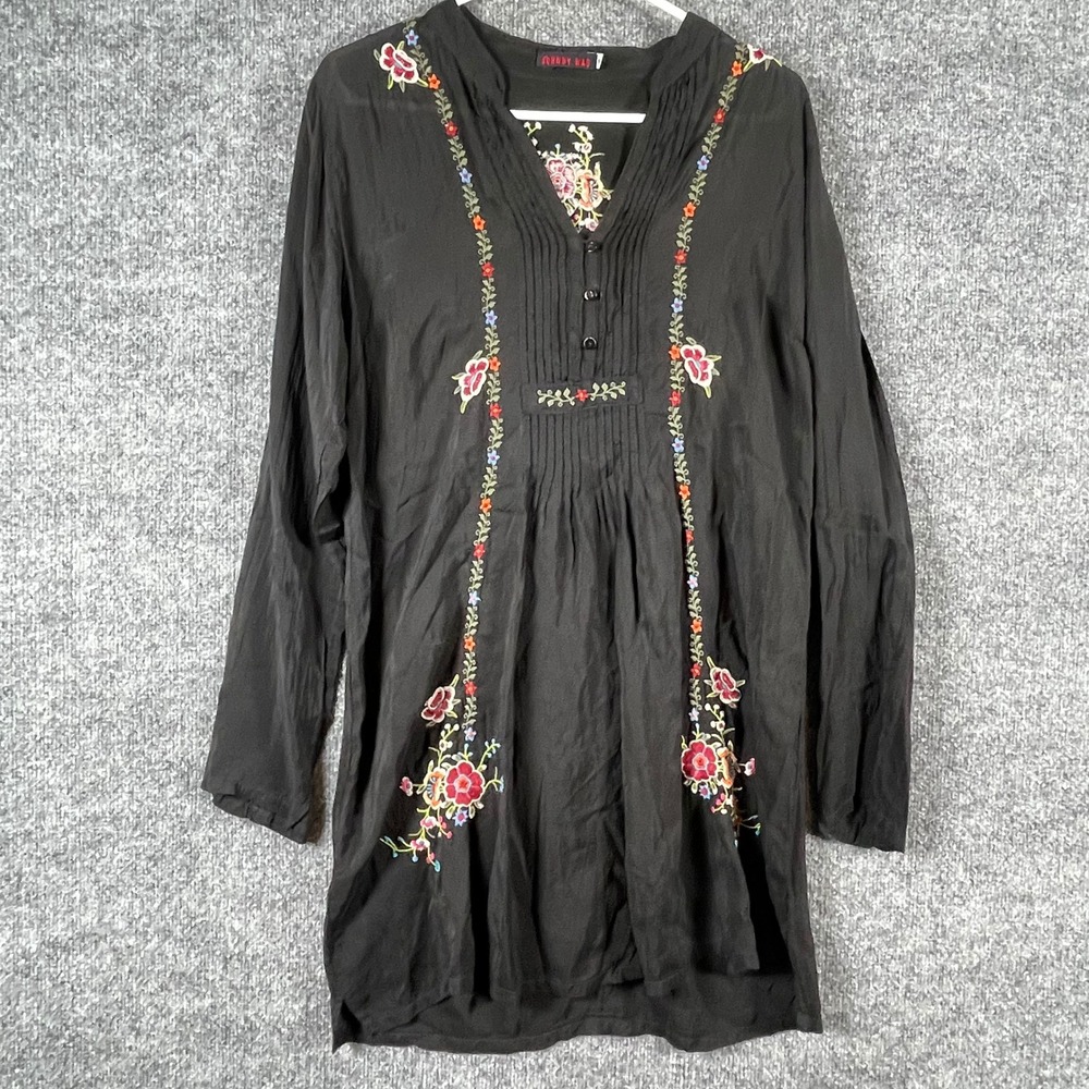 Johnny Was Tunic Womens SBlack Floral Embroidered Boho Mini Dress Peasant Hippie